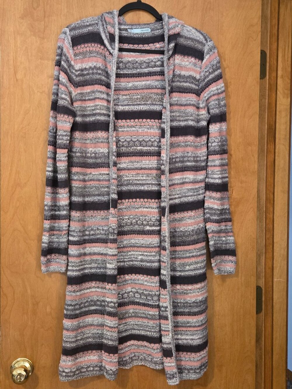 Maurices Womens Lg Striped Hooded Duster Cardigan Grey Coral Open Pockets